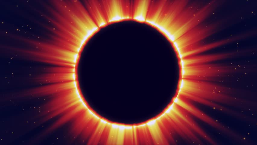 Abstract animation of a total solar eclipse - an astronomical phenomenon. Dynamics of a total solar eclipse in colorful tones. Coronal Light. Visualizing a solar eclipse in space. 4K animation