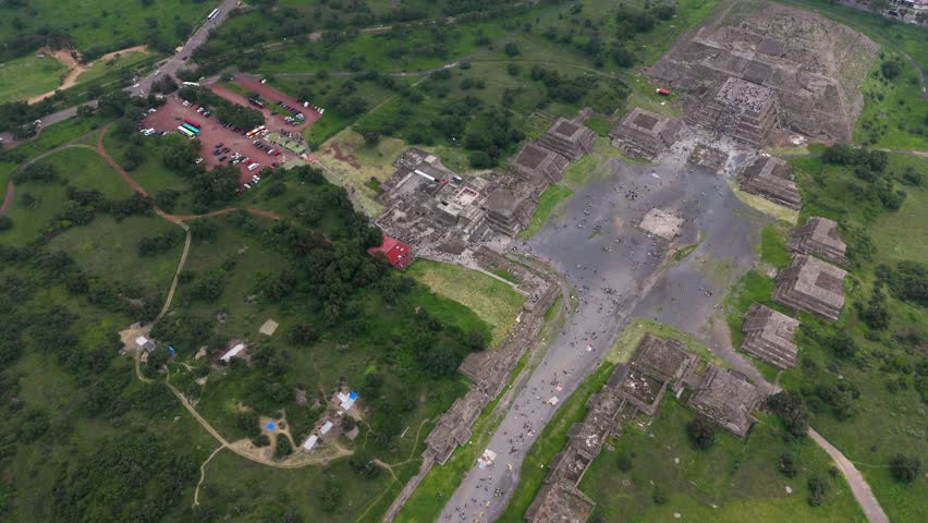 Teotihuacan, Mexico, aerial views of Pyramid of the Moon with climbers