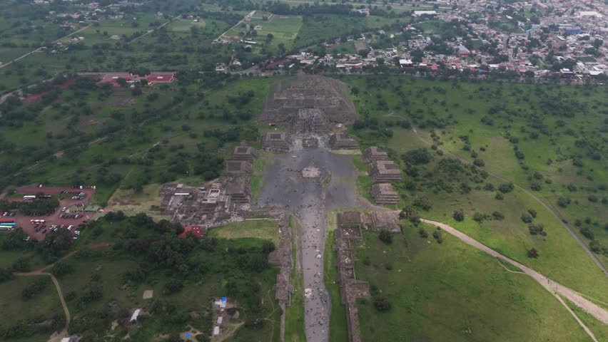 Drone shot of Pyramid of the Moon and Avenue of the Dead, Teotihuacan, Mexico