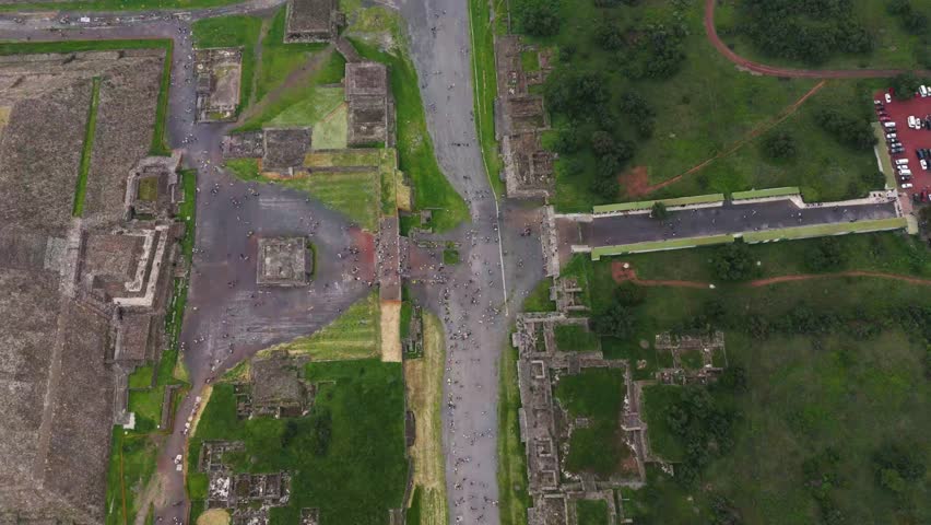 Teotihuacan, Mexico, drone footage of entrance to archaeological zone near the Pyramid of the Sun