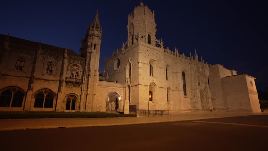 View of the Monastero dos Jeronimos illuminated at dusk, Lisbon, Portugal, Europe