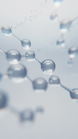 3D render of floating molecules in clean blue liquid, representing skincare, anti-aging, and scientific innovation. Perfect for cosmetic, biotechnology, or medical-themed video content.
