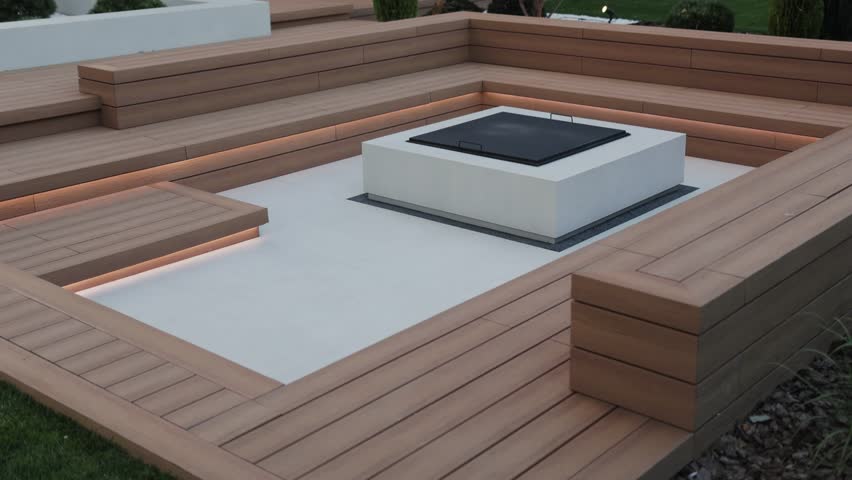 Outdoor terrace with fire pit, wooden deck and fireplace near modern house. outdoor patio with lighting near barbecue area. Fireplace outdoor patio