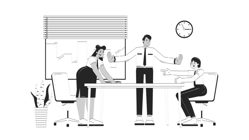 Conflict resolution doodle linear animation. Business mediation negotiation. HR manager calming down colleagues argument animated 2D outline characters sketch isolated on white. 4K video motion