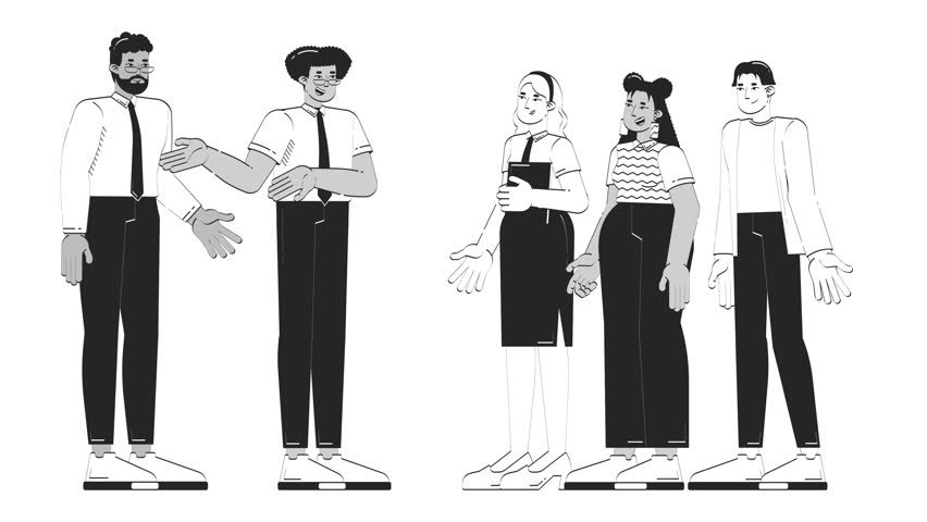 Diverse team greeting new employee doodle linear animation. Manager introducing. Office colleagues welcoming newbie animated 2D outline characters sketch isolated on white. 4K video motion graphic