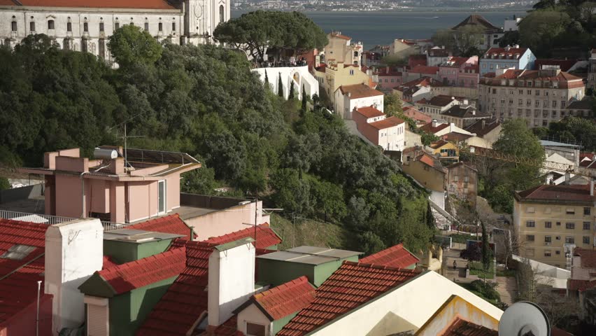 Panoramic view of Church of Our Lady of Grace and Lisbon from Miradouro da Senhora do Monte in the Afama District on a sunny day, Lisbon, Portugal, Europe