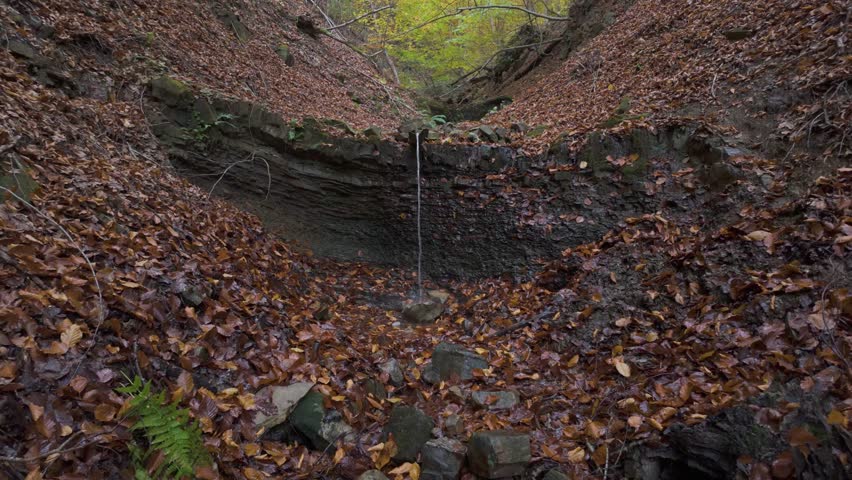 Ukraine, Carpathian Mountains, a small waterfall in an orange autumn forest near a large waterfall Bukhtivets, Pasichna village, Nadvirna city
