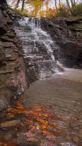 Ukraine, Carpathian Mountains, a small waterfall in an orange autumn forest near a large waterfall Bukhtivets, Pasichna village, Nadvirna city