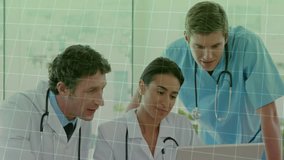 Female doctor pointing at laptop and leading colleagues analyzing rising pink line graph in clinic. Medical team, collaboration, healthcare, data analysis, clinical setting, professional, diagnostics - Powered by Shutterstock - Get 15% off with code: PIKWIZARD15