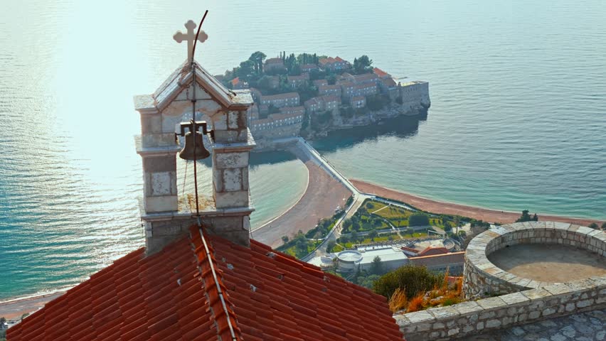 Scenic view from Budva Church overlooking Sveti Stefan Island