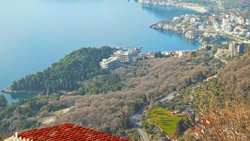 Scenic view of Budva city, montenegro coastline and landscape with church