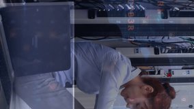 Animation of data processing over caucasian businesswoman in server room. Global technology, computing and digital interface concept digitally generated video. - Powered by Shutterstock - Get 15% off with code: PIKWIZARD15