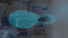 Animation of digital padlock with biometrics pattern over aerial view of cityscape against sky. Hologram, digital composite, multiple exposure, building, technology, data and network security. - Powered by Shutterstock - Get 15% off with code: PIKWIZARD15