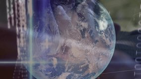 Animation of globe, statistics and financial data processing over caucasian man using smartphone. Global business, connections, networks and data processing concept digitally generated video. - Powered by Shutterstock - Get 15% off with code: PIKWIZARD15