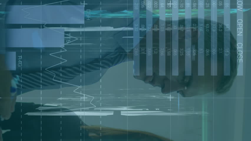 Animation of infographic interface, caucasian coworkers brainstorming on transparent board in office. Digital composite, multiple exposure, report, global, teamwork, business and abstract concept. - Powered by Shutterstock - Get 15% off with code: PIKWIZARD15