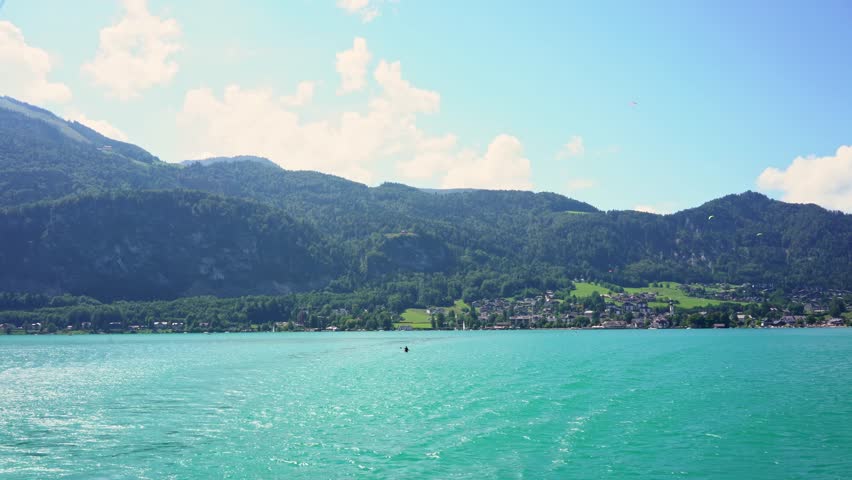 View of Wolfgangsee lake from a boat, Austria