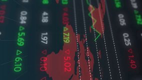 Animation of stock market data processing over world map against black background. Global economy and business technology concept - Powered by Shutterstock - Get 15% off with code: PIKWIZARD15