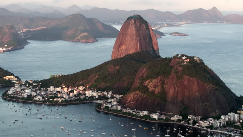 Aerial view of natural landmark Sugarloaf Mountain at sunset in Rio de Janeiro, Brazil.