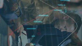 Animation of stock market data processing against diverse man and woman discussing at office. Global economy and business technology concept - Powered by Shutterstock - Get 15% off with code: PIKWIZARD15