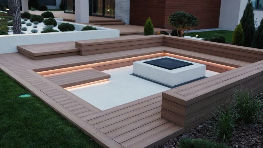 Fireplace on the outdoor patio with a long wooden bench with evening lighting. Picnic area near the house. Cozy place for evenings near the house.