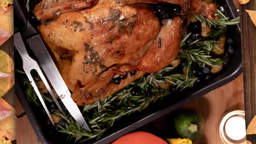 Animation of autumn leaves and thanksgiving turkey dinner background. Thanksgiving, autumn, fall, festivity, celebration and american tradition concept digitally generated video.