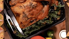 Animation of autumn leaves and thanksgiving turkey dinner background. Thanksgiving, autumn, fall, festivity, celebration and american tradition concept digitally generated video. - Powered by Shutterstock - Get 15% off with code: PIKWIZARD15