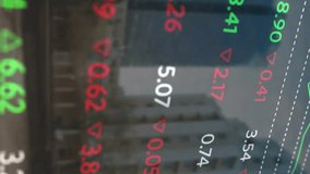 Animation of financial data processing over city buildings. Connection, data, processing, digital interface, finance, business and communication, digitally generated video. - Powered by Shutterstock - Get 15% off with code: PIKWIZARD15