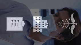 Animation of medical icons over smiling caucasian businessman in facemask using smartphone. Hygiene, medical services, coronavirus, digital interface and communication, digitally generated video. - Powered by Shutterstock - Get 15% off with code: PIKWIZARD15