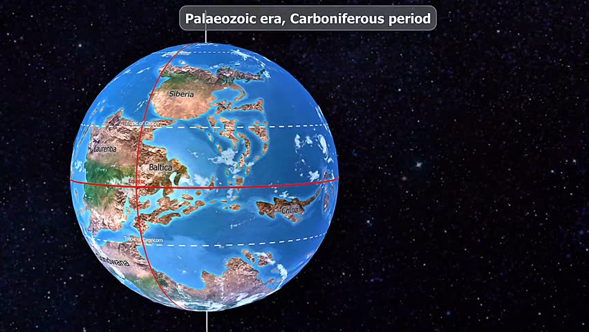 3D animation depicting the Palaeozoic Era with marine life, first plants, and early land animals.