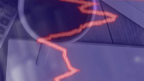 Financial data and stock market graph animation over office desk with coffee. Finance, data analysis, trading, investment, economy, workspace - Powered by Shutterstock - Get 15% off with code: PIKWIZARD15