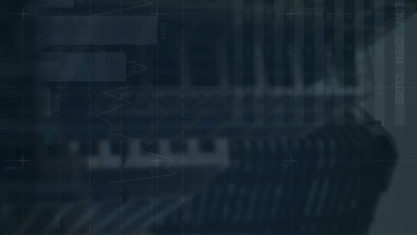 Animation of statistical and stock market data processing against view of tall buildings. Global economy and business data technology concept - Powered by Shutterstock - Get 15% off with code: PIKWIZARD15