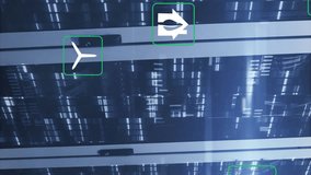 Animation of multiple icons with lens flares over bars on data server racks in server room. Digital composite, multiple exposure, hazardous, recycle, data center, networking, technology concept. - Powered by Shutterstock - Get 15% off with code: PIKWIZARD15