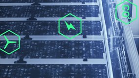 Animation of multiple icons and lens flares over binary codes on data server racks. Digital composite, multiple exposure, recycles, hazardous, computer language, data center and technology concept. - Powered by Shutterstock - Get 15% off with code: PIKWIZARD15