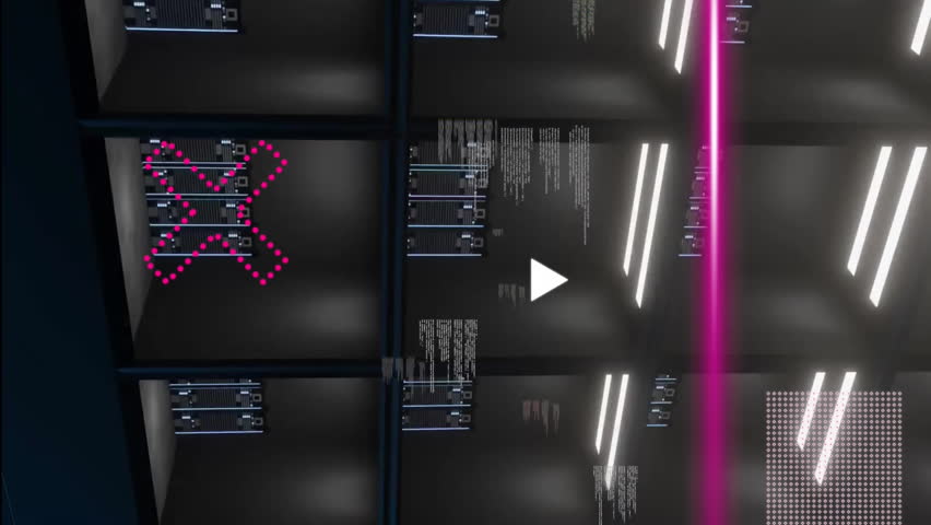 Animation of rotating shapes and pink scanner beams processing over dark computer server room. Connection, data, processing, business, digital interface and communication, digitally generated video. - Powered by Shutterstock - Get 15% off with code: PIKWIZARD15