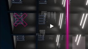 Animation of rotating shapes and pink scanner beams processing over dark computer server room. Connection, data, processing, business, digital interface and communication, digitally generated video. - Powered by Shutterstock - Get 15% off with code: PIKWIZARD15