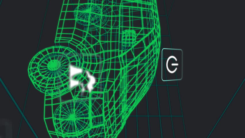 Animation of green wireframe van with digital icons surrounding in school setting. Futuristic, transportation, technology, innovation - Powered by Shutterstock - Get 15% off with code: PIKWIZARD15