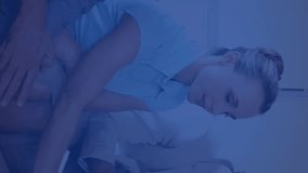 Collaborating in office, business professionals using digital network and animation overlay. Teamwork, corporate, networking, technology, collaboration, innovation - Powered by Shutterstock - Get 15% off with code: PIKWIZARD15