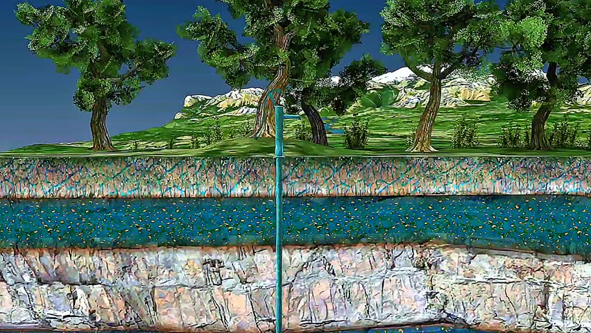 3D animation of confined aquifer showing pressurized water trapped between impermeable underground rock layers.