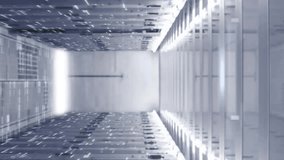 Animation of chat bubbles and number 43 floating over data servers in hallway. Technology, communication, networking, digital, information, cloud - Powered by Shutterstock - Get 15% off with code: PIKWIZARD15