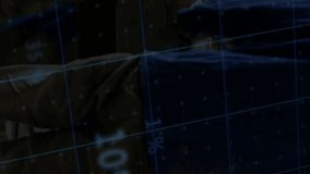 In woodworking shop, workers analyzing percentage data with grid overlay animation. Craftsmanship, carpentry, teamwork, analysis, progress, digital overlay - Powered by Shutterstock - Get 15% off with code: PIKWIZARD15