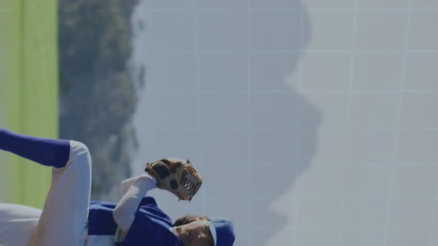 Baseball player pitching on field with data processing animation overlay. Sports, athlete, motion, analytics, digital, performance - Powered by Shutterstock - Get 15% off with code: PIKWIZARD15