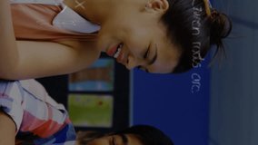 Animation of math formulas moving over happy diverse boy and girl using smartphone at school. learning, school, education and technology concept digitally generated video. - Powered by Shutterstock - Get 15% off with code: PIKWIZARD15