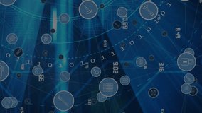Animation of network of connections with icons over cityscape. Global connections digital interface and technology concept digitally generated video. - Powered by Shutterstock - Get 15% off with code: PIKWIZARD15