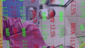 Animation of financial data processing over delivery man and stock market data processing. Global business digital interface technology and networking concept digitally generated video. - Powered by Shutterstock - Get 15% off with code: PIKWIZARD15