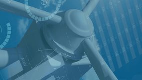 Animation of financial data processing over wind turbine. Global sustainability, wind energy, business, finances, computing and data processing concept digitally generated video. - Powered by Shutterstock - Get 15% off with code: PIKWIZARD15