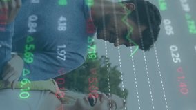 Animation of stock market data processing over happy caucasian couple walking on the street. Global economy and business technology concept - Powered by Shutterstock - Get 15% off with code: PIKWIZARD15