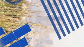 Animation of infographic interface over close-up of grass against modern cityscape. Digital composite, multiple exposure, report, business, global, progress, building and architecture concept. - Powered by Shutterstock - Get 15% off with code: PIKWIZARD15