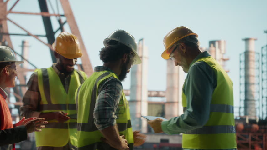 Professional engineers wearing safety helmets and vests collaborating on project details using digital tablet at industrial refinery site, showcasing technological communication in energy sector