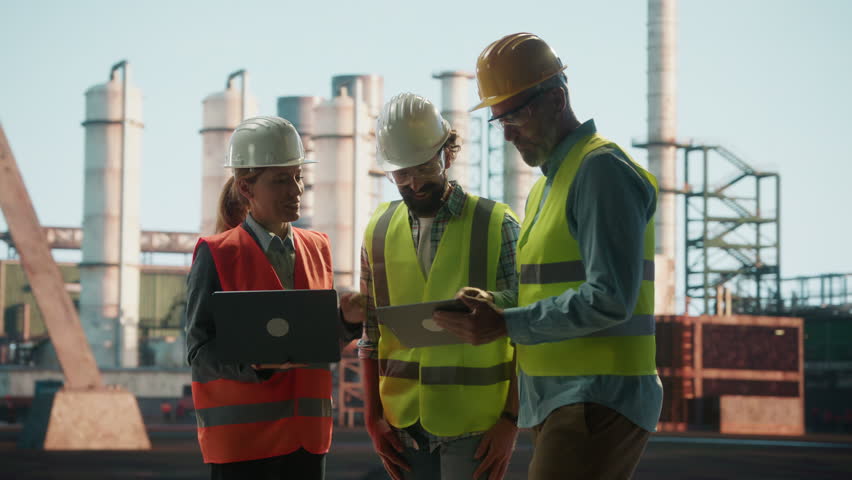 Engineers wearing safety gear discuss an industrial project using a laptop and tablet at a refinery