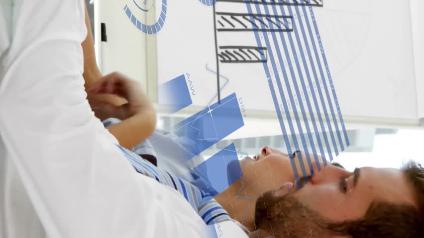 Animation of financial data processing over diverse colleagues having meeting in office. Global business, finances, computing and digital interface concept digitally generated video. - Powered by Shutterstock - Get 15% off with code: PIKWIZARD15